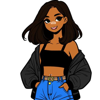 a realistic girl with a crop top and short shorts in an open jacket