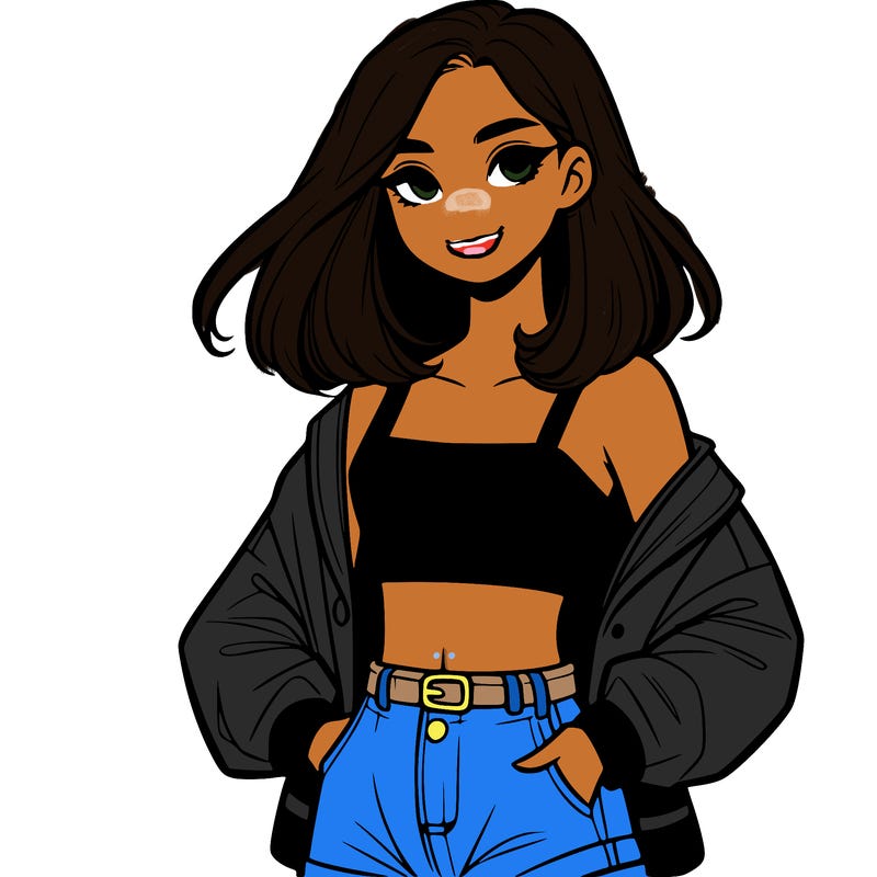 a realistic girl with a crop top and short shorts in an open jacket