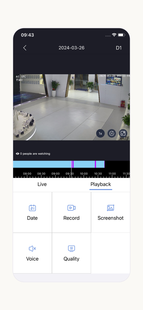 HiEasy app playback interface showing security camera footage and recorded video timeline.