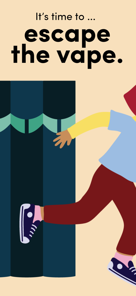 Escape the Vape - Quit Vaping - Ilustração de uma pessoa correndo com o texto É hora de escapar do vape