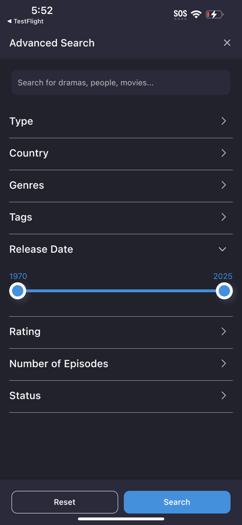 Advanced search interface of the MyDramaList app with filters for country genres and release date