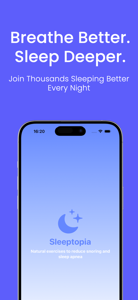 Sleep Apnea & Snore Exercises - Pantalla de inicio de la aplicación Sleeptopia con el lema Respira Mejor Duerme Más Profundo