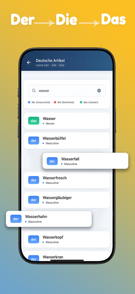 Hello German - Learn German - Interface de pesquisa para artigos de substantivos alemães der die e das no aplicativo Hello German