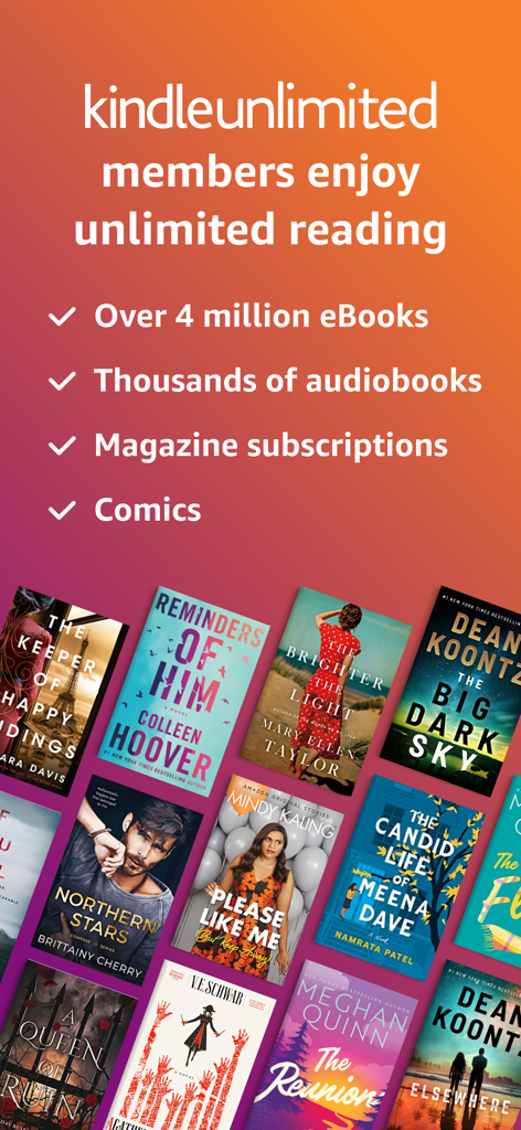 Promotional screen for Kindle Unlimited showing access to millions of eBooks audiobooks and magazines