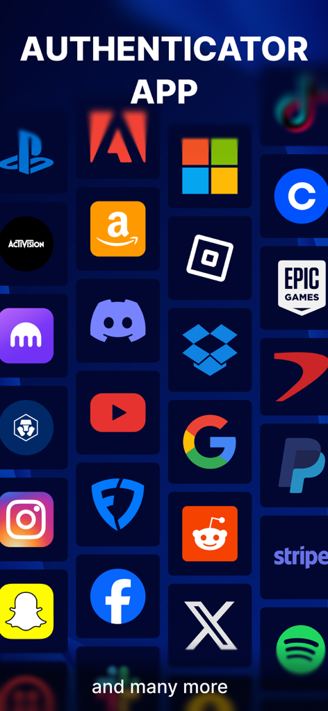 A grid of popular app icons like Google, Facebook, Amazon, and PayPal supported by the Authenticator 2FA app