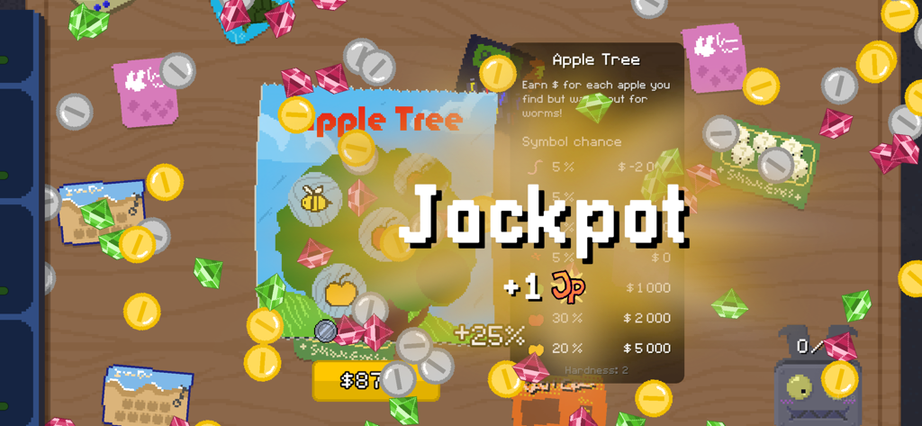 Jackpot win screen on an Apple Tree scratch card in the Scritchy Scratchy mobile game featuring gold coins and gems