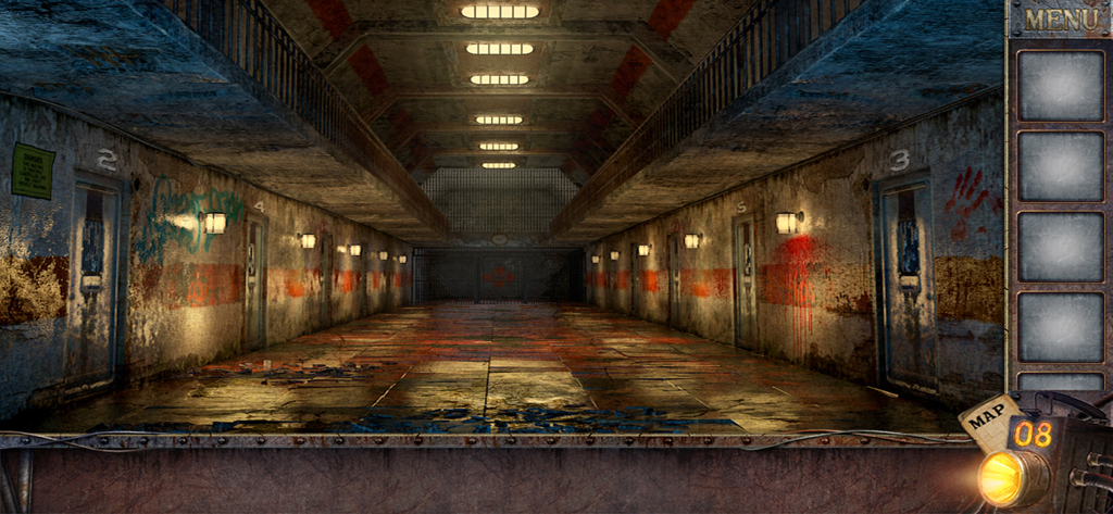 Gritty prison corridor with cell doors and bloodstains in Room Escape Prison Break