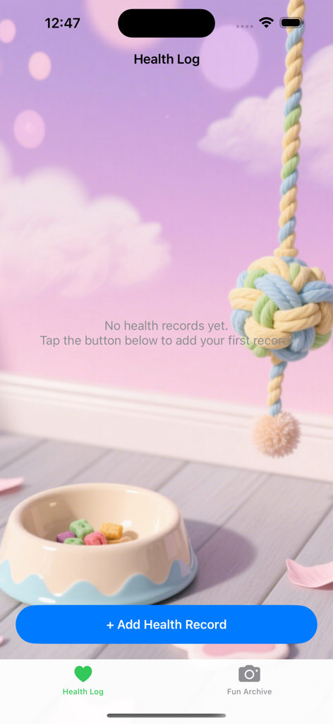 CutePenot - The health log interface of the CutePenot app showing an empty state with an add health record button and pet accessories background