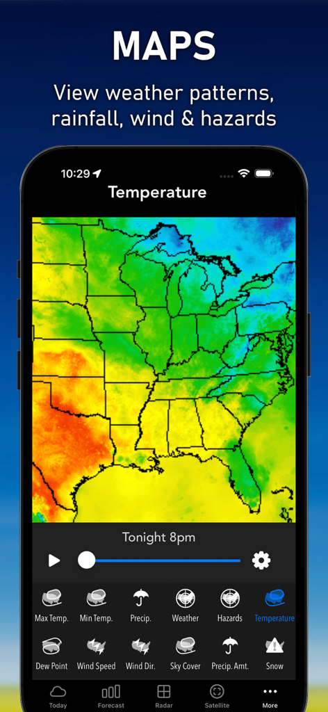 AIM Weather - AIM Weather app showing a color coded interactive temperature map of the United States
