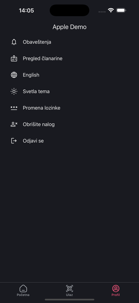 Menu del profilo dell'app BeneFit plus che mostra le impostazioni dell'account e dell'abbonamento