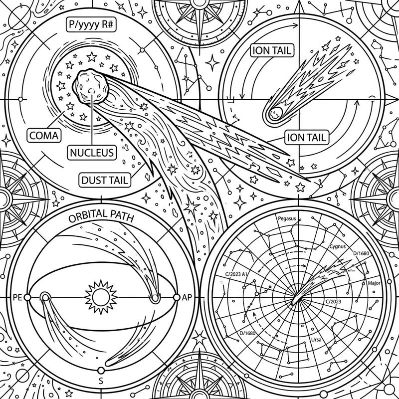Embark on an astronomical adventure with this educational coloring template focused on comet nomenclature. This intricate design offers a fascinating way to learn about the cosmos through art.