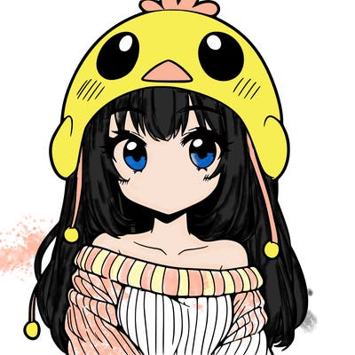 anime girl with chick shaped hat with sweater with bare shoulders with bangs covering them one eye with low tail