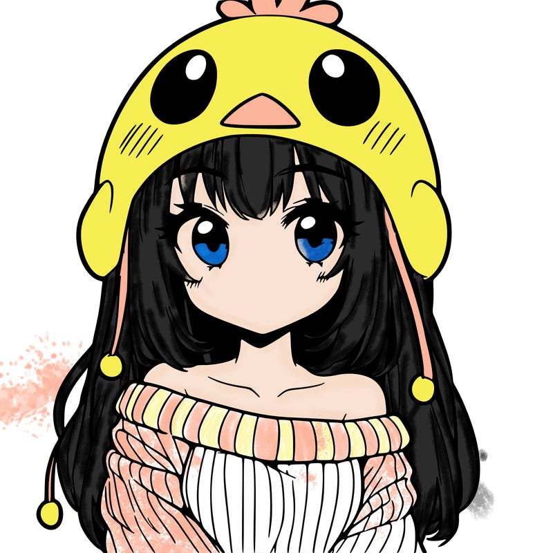 anime girl with chick shaped hat with sweater with bare shoulders with bangs covering them one eye with low tail