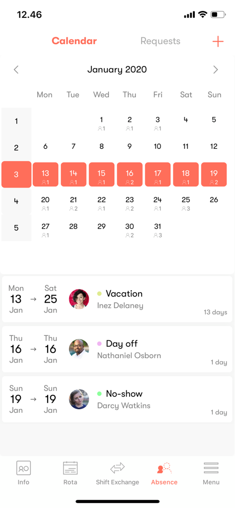tamigo - Vista del calendario de ausencias de la aplicación tamigo que muestra las solicitudes de vacaciones de los empleados