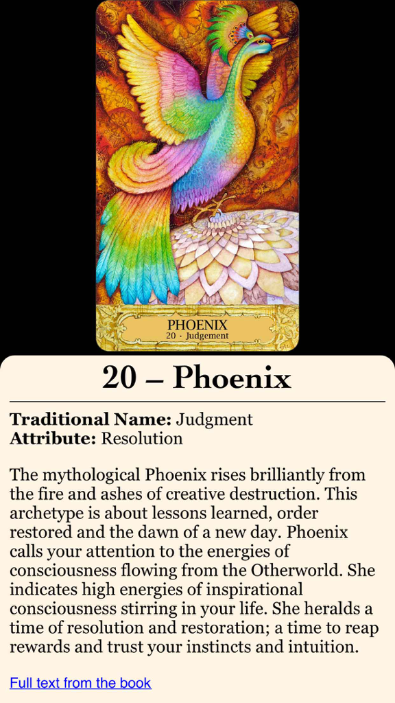 Chrysalis Tarot - Una vista dettagliata della carta "Phoenix" (Fenice) nell'app Chrysalis Tarot che mostra un'illustrazione vibrante e una descrizione mitologica.