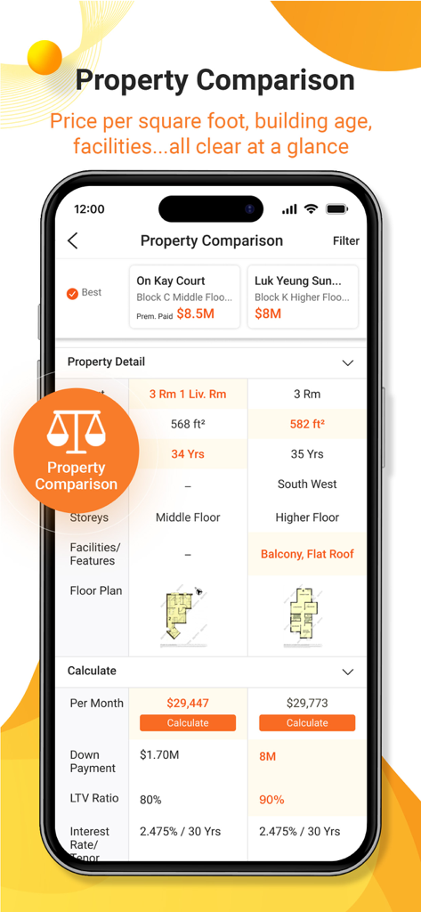 Comparaison côte à côte de deux annonces immobilières dans l'application Midland Realty, affichant le prix, la superficie, les plans d'étage et les calculs hypothécaires.