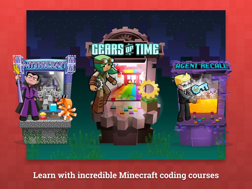 Selection of three Minecraft coding courses called Mythicraft, Gears of Time and Agent Recall