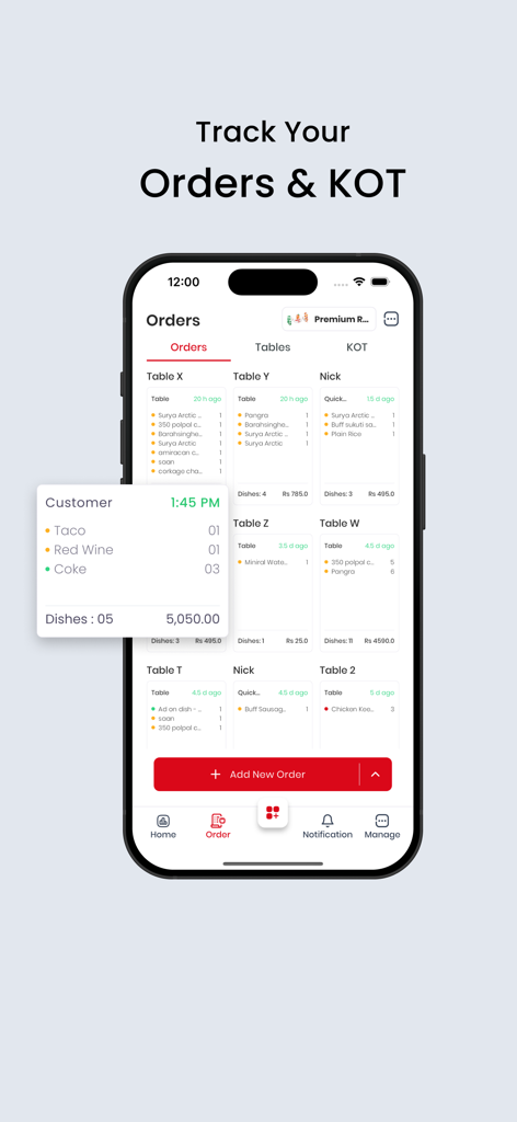 RestroX - Restaurant Software - RestroX mobile app interface for tracking restaurant orders and Kitchen Order Tickets KOT organized by table