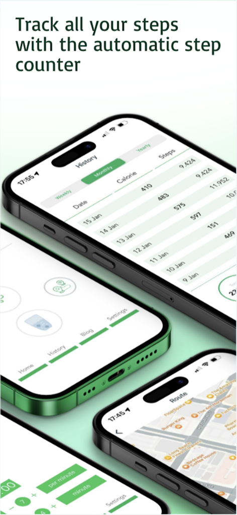 The Pedometer app interface on multiple iPhones showing step history and route maps