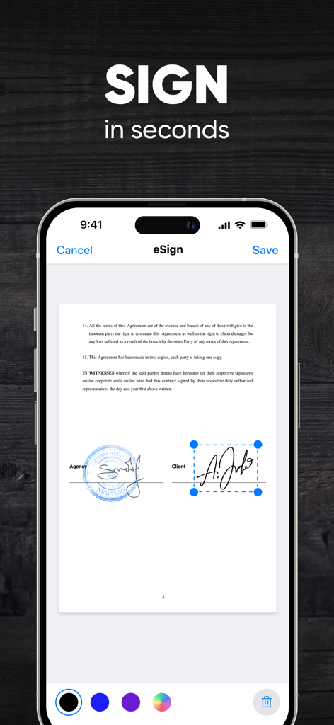 iPhone screen showing the digital signature feature on a contract within the Scanner App