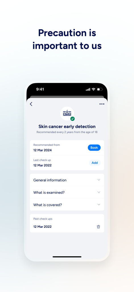 ottonova app interface showing skin cancer early detection and preventive care booking options