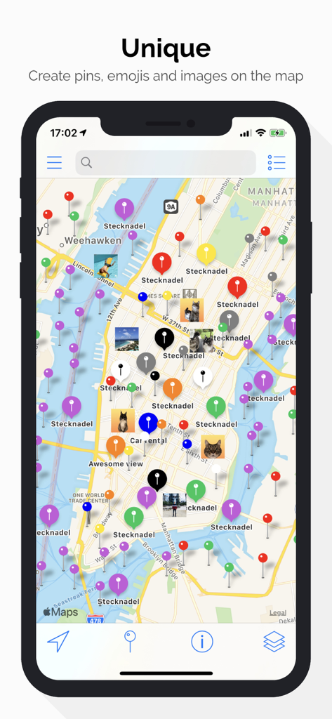 Interface of the Contact Map app showing a Manhattan map with various colorful pins and custom images