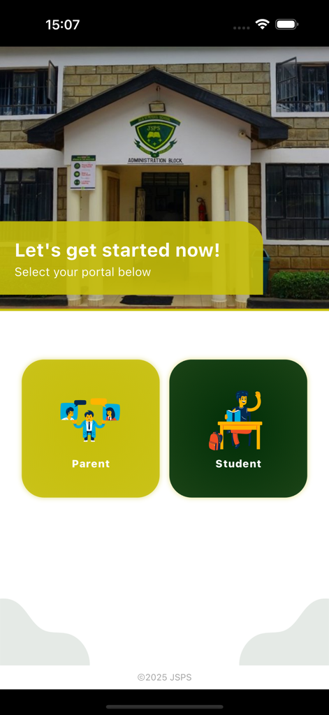 JSPS app interface for selecting between Parent and Student portals