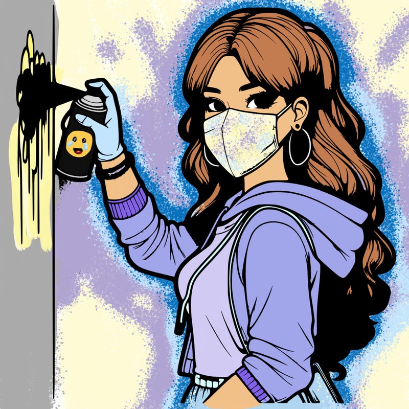 realistic girl with mask spray painting a wall