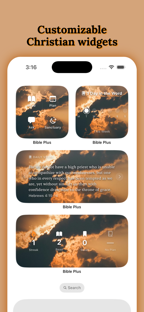 Bible Plus: Pray, Study & Read - Une variété de widgets personnalisables de l'application Bible Plus sur l'écran d'accueil d'un iPhone, y compris un verset quotidien et des trackers d'activité spirituelle.