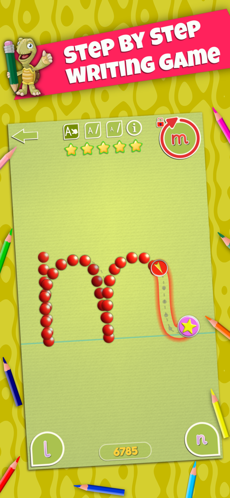 LetraKid: Kids Writing Letters - A screen from the LetraKid app showing a step by step tracing exercise for the lowercase letter m with red dots and guided strokes.