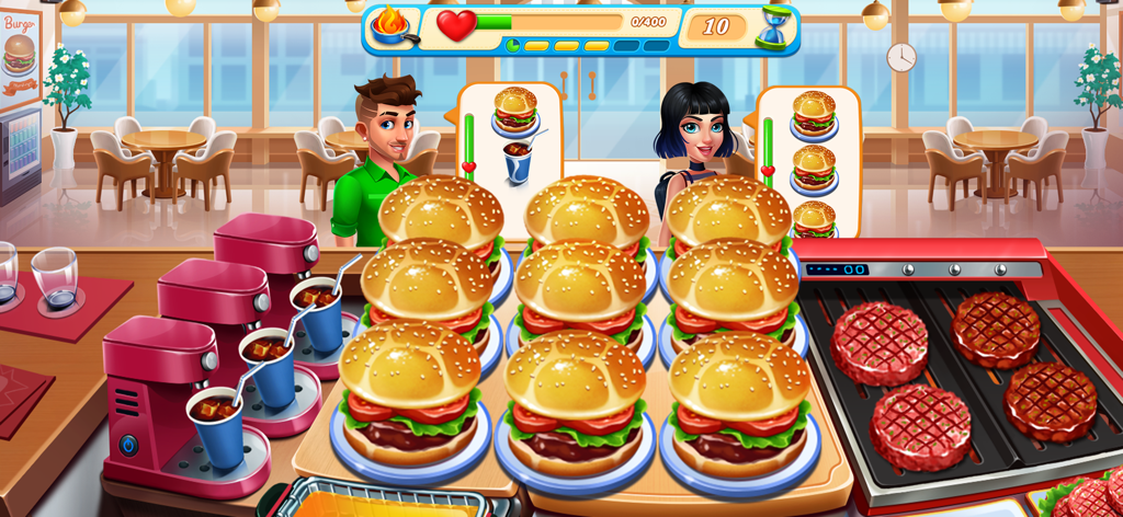 Cooking Train - Food Games - A gameplay scene from Cooking Train showing a chef preparing multiple burgers and drinks for customers in a fast paced restaurant environment.