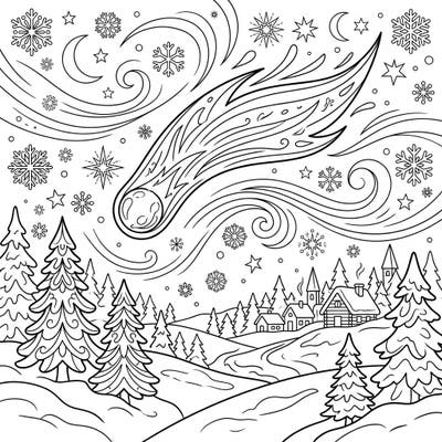 Embark on a magical coloring journey with this enchanting scene of a comet blazing across a frosty winter night. Discover a cozy village nestled among snow-covered pines under a sky full of celestial wonders.
