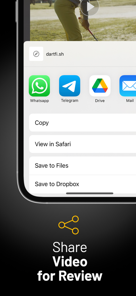 myDartfish Express: Coach App - Menú de compartir en la aplicación myDartfish Express para enviar vídeos de análisis deportivo a través de WhatsApp, Telegram y Google Drive.