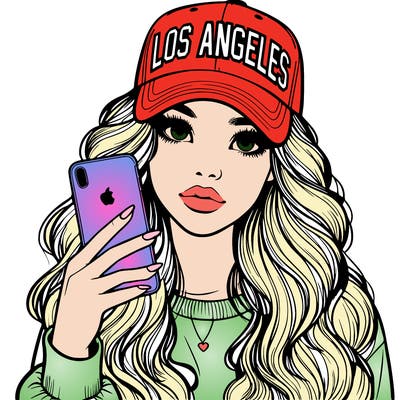 realistic beautiful girl wearing los ángeles cap holding an iphone