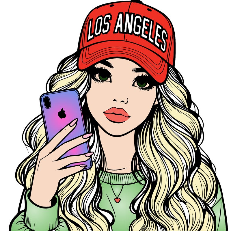 realistic beautiful girl wearing los ángeles cap holding an iphone