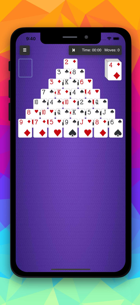 Pyramid solitaire card game screen with a clean purple background