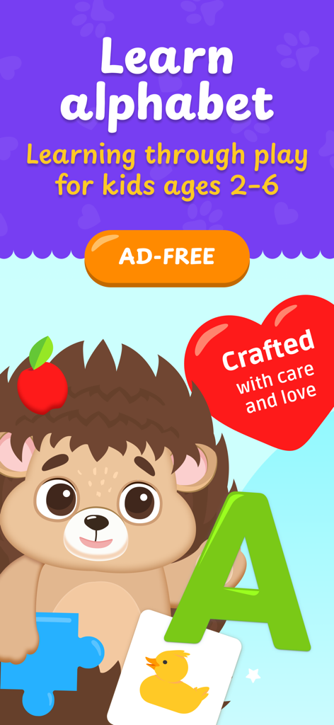 ABC. Learn Alphabet for Kids - Educational game for kids featuring a cute hedgehog character and large letter A with learning through play text