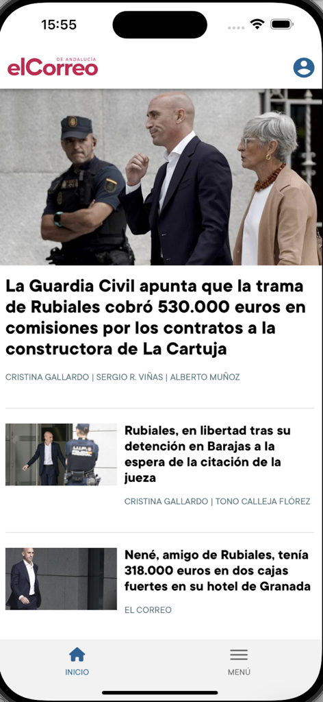 Home screen of the El Correo de Andalucia mobile news application