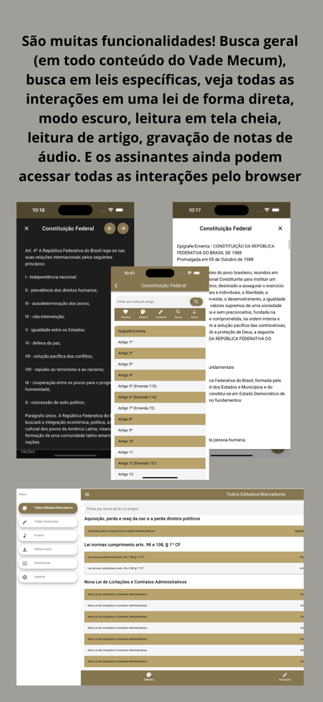Una colección de pantallas de aplicaciones móviles que muestran la interfaz legal, las herramientas de búsqueda y el texto de los artículos para Vade Mecum Pro Direito Brasil