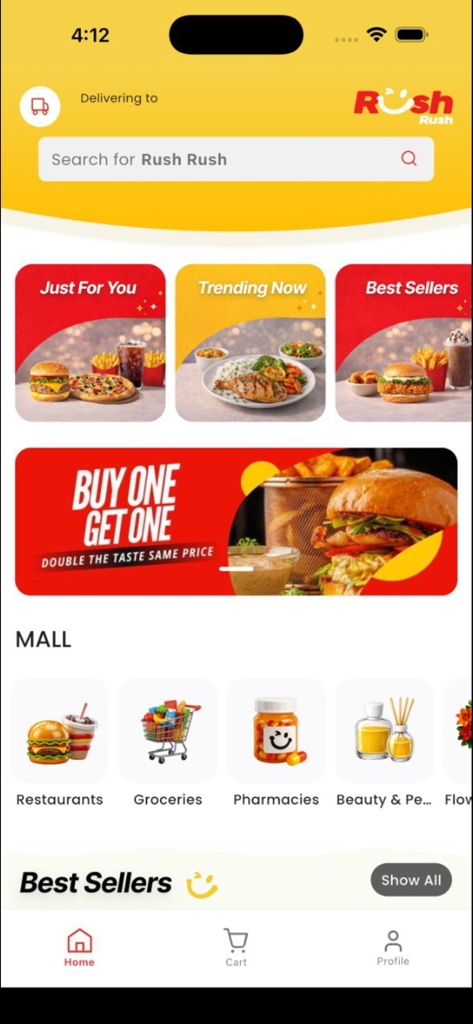 Rush Rush - رش رش - Startbildschirm der Rush Rush Liefer-App mit Einkaufskategorien und Werbebannern