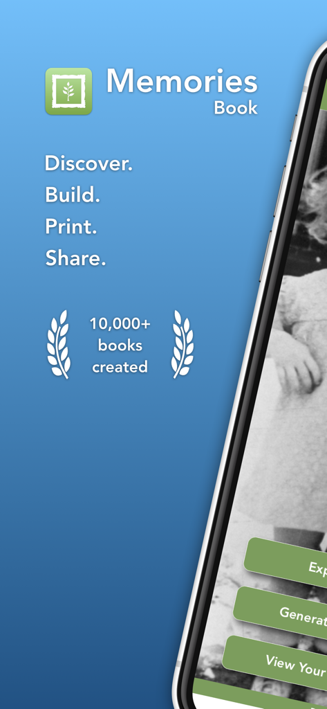 Intro screen of Memories Book family history app showing main features like discover build print and share.
