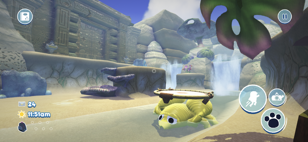 Bugsnax - Un Bugsnak amarillo con forma de croissant en un entorno desértico con ruinas de piedra antiguas.