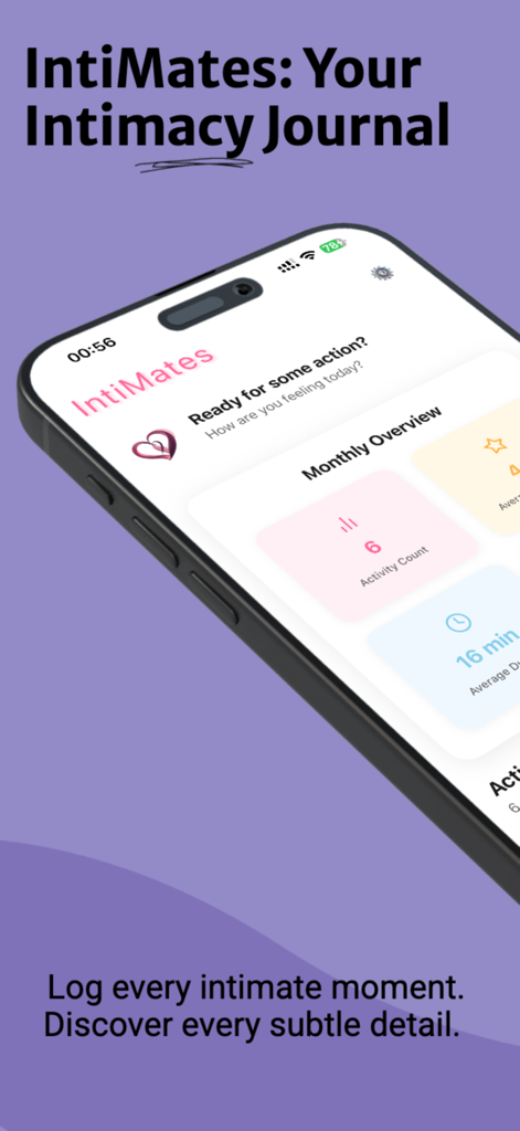 IntiMates: Sex Tracker - Teléfono inteligente que muestra la interfaz de la aplicación IntiMates sex tracker con un resumen mensual de estadísticas de intimidad.