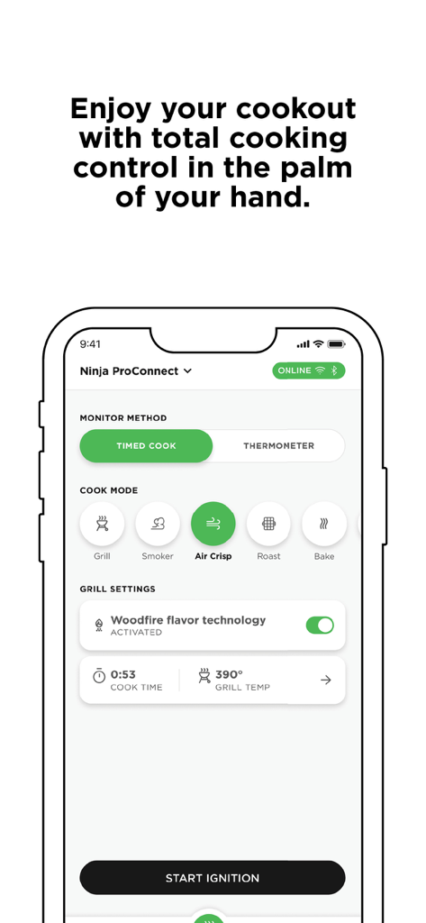 Ninja Pro Connect mobile app interface displaying smart grill control settings including temperature, cook time, and cooking modes like air crisp and smoker.