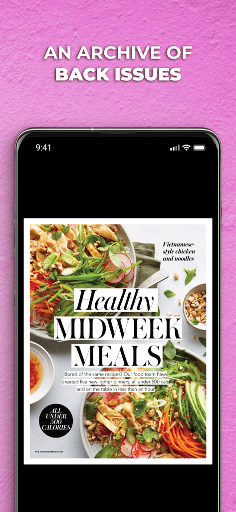 Woman & Home Magazine NA - Smartphone displaying a healthy midweek meals recipe page from the Woman and Home magazine digital archive