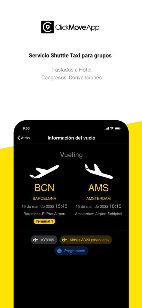 Click Move App - Benutzeroberfläche der Click Move App, die Fluginformationen und Details zu Shuttle-Taxidiensten für Unternehmen anzeigt.