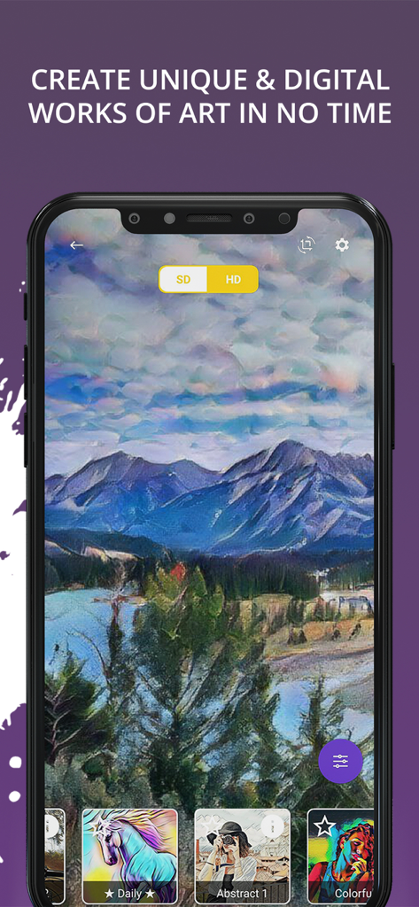 DeepArtEffects App-Oberfläche mit einem Berglandschaftsfoto, das in ein impressionistisches digitales Gemälde verwandelt wurde