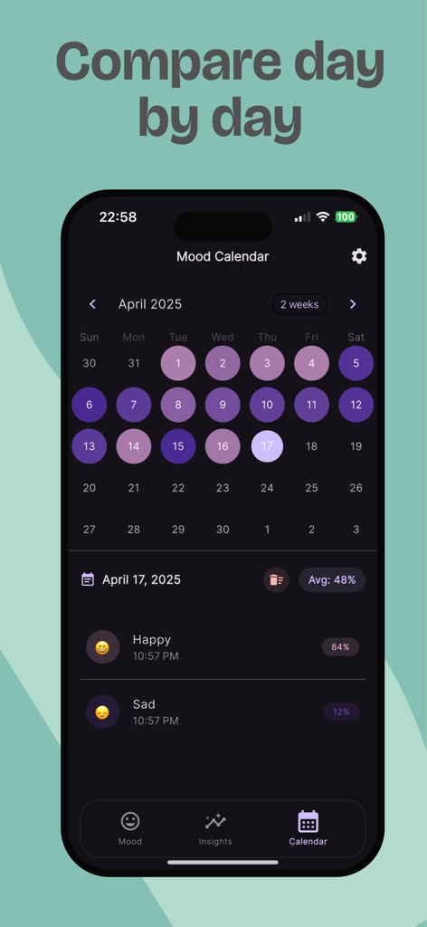 PulseMood: Mood Tracker & Log - PulseMood app interface showing a monthly mood calendar with daily emotion logs for tracking mental health trends.