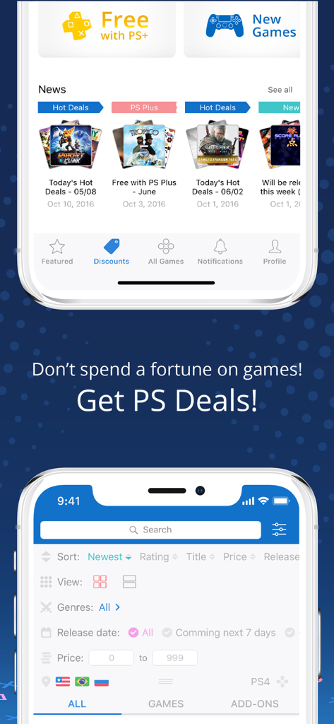 PS Deals - Screenshots of the PS Deals app interface showing game news hot deals and search filters for PlayStation games