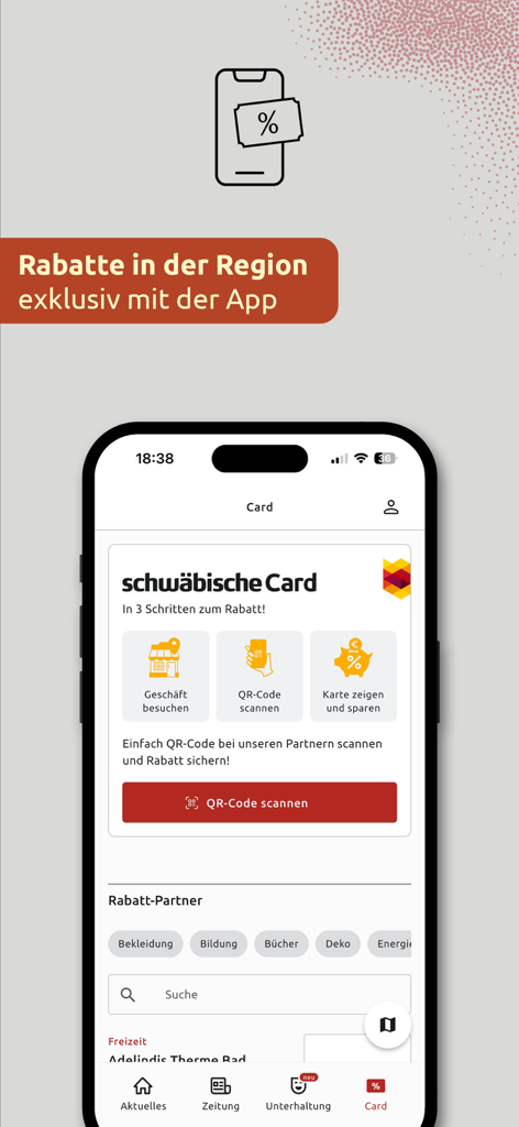 Smartphone-Bildschirm zeigt regionale Rabatte und die Schwabische Card-Funktion in der Schwabische App